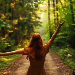 beautiful girl walking in the forest at sunset
